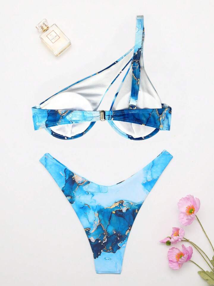 SHEIN Swim Summer Beach Marble Print Underwire One Shoulder Bikini Swimsuit | SHEIN