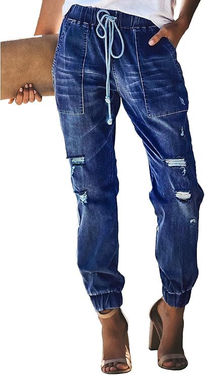 Blibea Womens Distressed Drawstring Pocketed Joggers Stretch Pants Denim Jeans | Amazon (US)