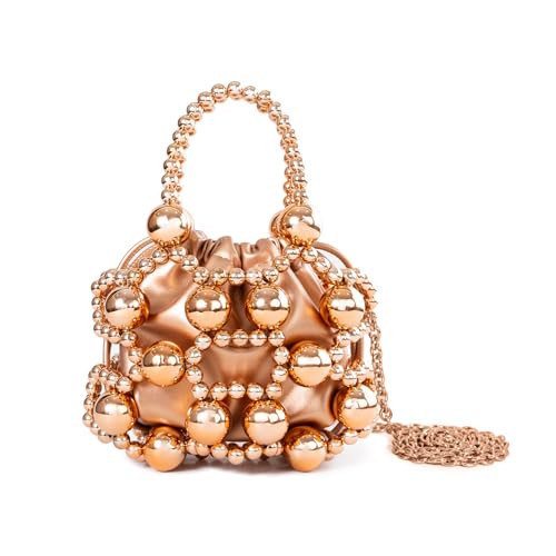 frrbuu Beaded Handbag, Rose Gold, Mini Drawstring Bag with Beaded Top Handle and Detachable Chain Strap, Women's Evening Bag | Amazon (US)