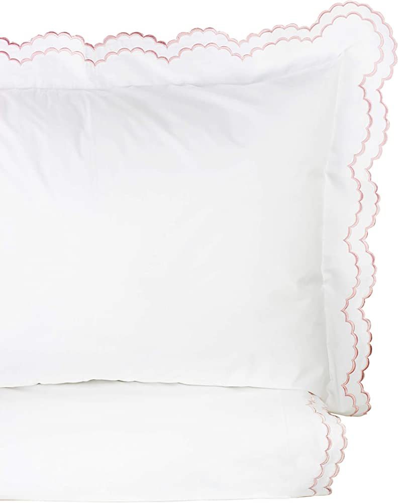 Melange Home Percale Cotton Double Scalloped Embroidered TW Duvet Set, Twin, Pink on White | Amazon (US)
