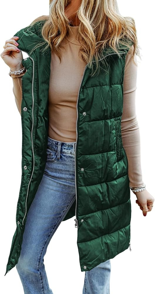 EVALESS Womens Long Puffer Vest Quilted Hooded Sleeveless Zip Up Down Jacket Winter Warm Lightwei... | Amazon (US)