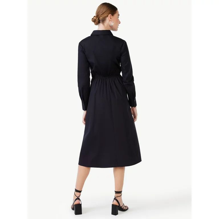Scoop Women's Side Knot Poplin Midi Shirt Dress with Long Sleeves, Sizes XS-XXL | Walmart (US)