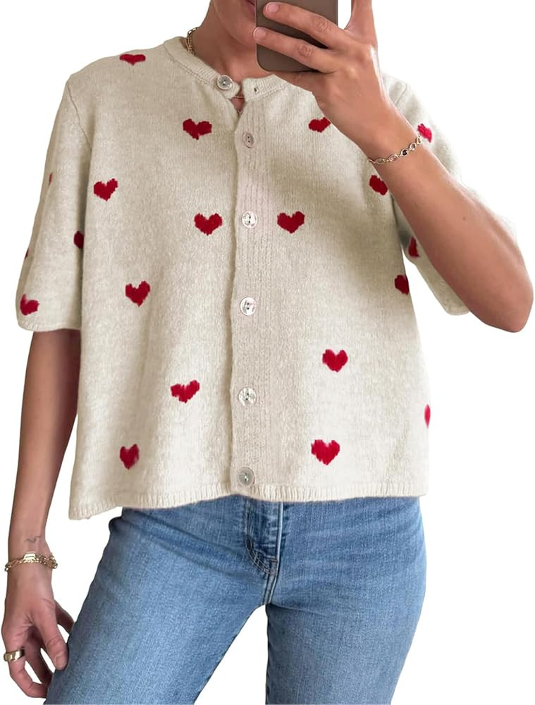 Women Short Sleeve Sweater Cardigan Y2k Heart Button Up Knit Cardigan Lightweight Oversized Valen... | Amazon (US)