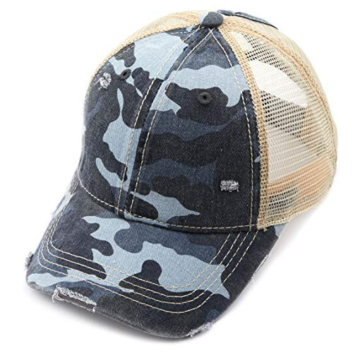 C.C Exclusives Hatsandscarf Washed Distressed Cotton Denim Ponytail Hat Adjustable Baseball Cap (BT-15) (Blue/Camo) | Amazon (US)