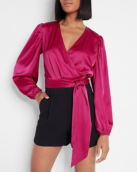 Conscious Edit Satin Faux Wrap Cropped Tie Waist Top | Express