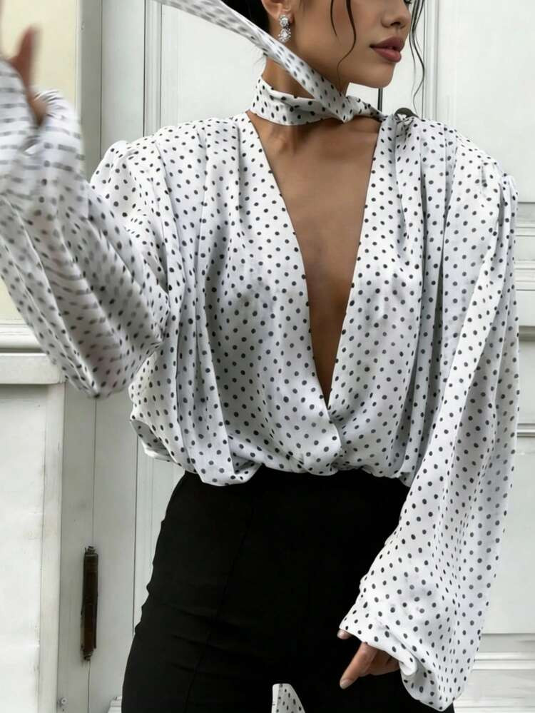 SHEIN Glamour Sexy Deep V Polka Dot Print Vacation Style Women's Summer Long Sleeve Shirt (Irregular Print) Puff Sleeve Blouse Lantern Sleeve Blouse Polka Dots White Blouse Elegant Sexy Blouses | SHEIN