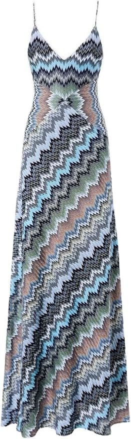 Women's Bohemian Wave Print Strap V-Neck Sleeveless Backless Slim-Fit Beach Vacation Maxi Dress | Amazon (US)