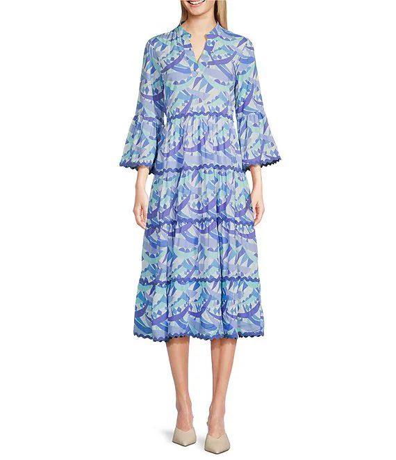 Abstract Print V-Neck 3/4 Sleeve A-line Tiered Midi Dress | Dillard's