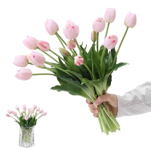 dallisten 15PCS Artificial Tulips Real Touch Light Pink Faux Latex Flowers Lifelike Fake Tulip Bouquet Flowers Arrangements for Wedding Home Kitchen Garden Table Party Decoration | Amazon (US)