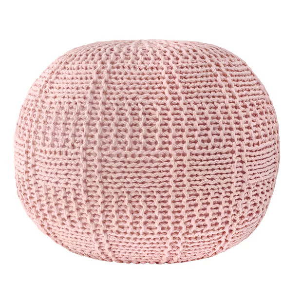 Blush Knitted Cotton Basketweave Pouf 14" H x 20" W x 20" D | Rugs USA