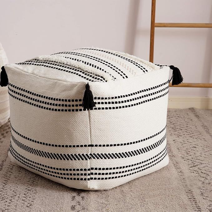 Stripe Morocco Tufted Boho Decorative Unstuffed Pouf - Black Cream Casual Ottoman Pouf Cover with... | Amazon (US)