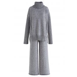 Turtleneck Hi-Lo Sweater and Knit Pants Set in Grey | Chicwish