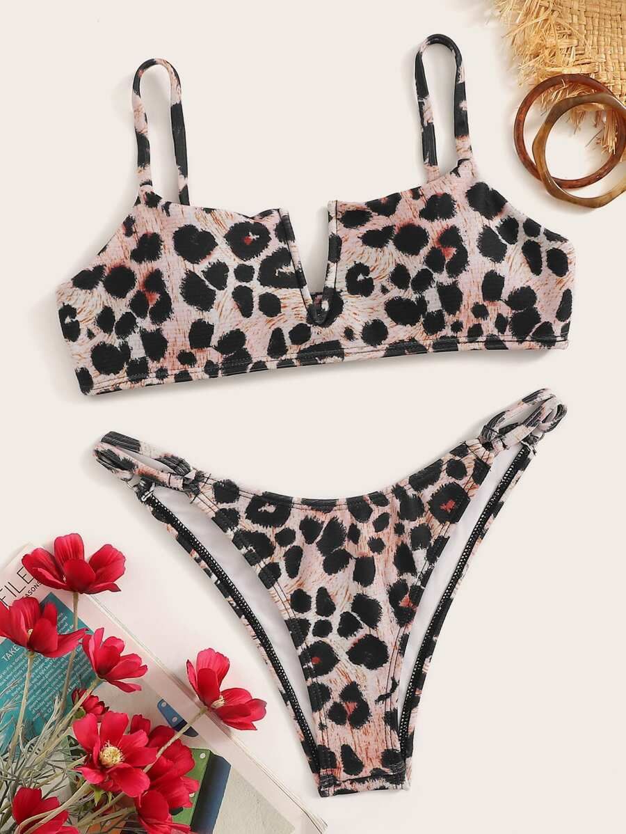 V-cut Leopard Top With Tanga Bikini Set | SHEIN
