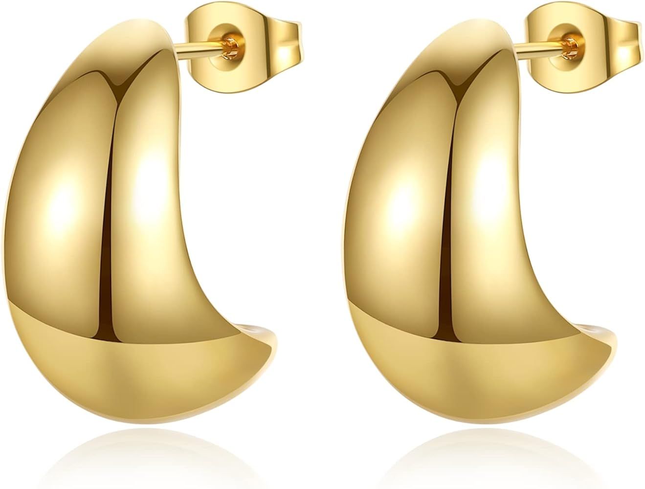 Chunky Gold Hoop Earrings for Women, Lightweight Stainless Steel Teardrop Open Hoops with 18K Real G | Amazon (US)