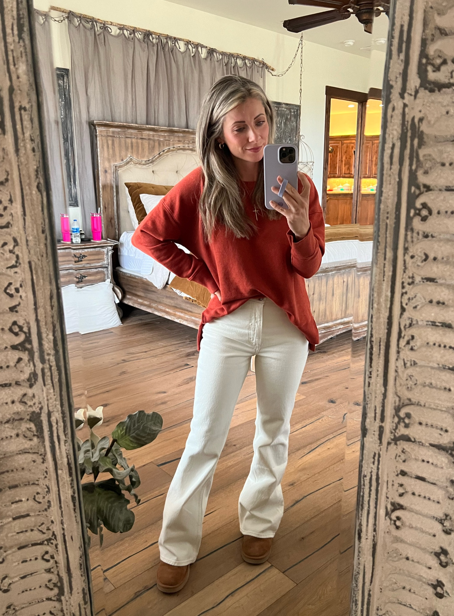 Abercrombie high rise vintage flare cream jeans on major sale! Wearing a 25 regular! These are $40! And still obsessing over my $10 Walmart sweatshirt! 

#LTKfindsunder50 #LTKstyletip #LTKHolidaySale