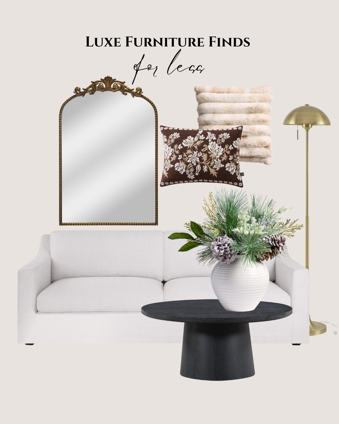 Walmart luxe furniture finds for less: white sofa, black coffee table, white decor planter, gold frame mirror, cream pillow, brown pillow, gold floor lamp. 

 #LTKHome #LTKSaleAlert