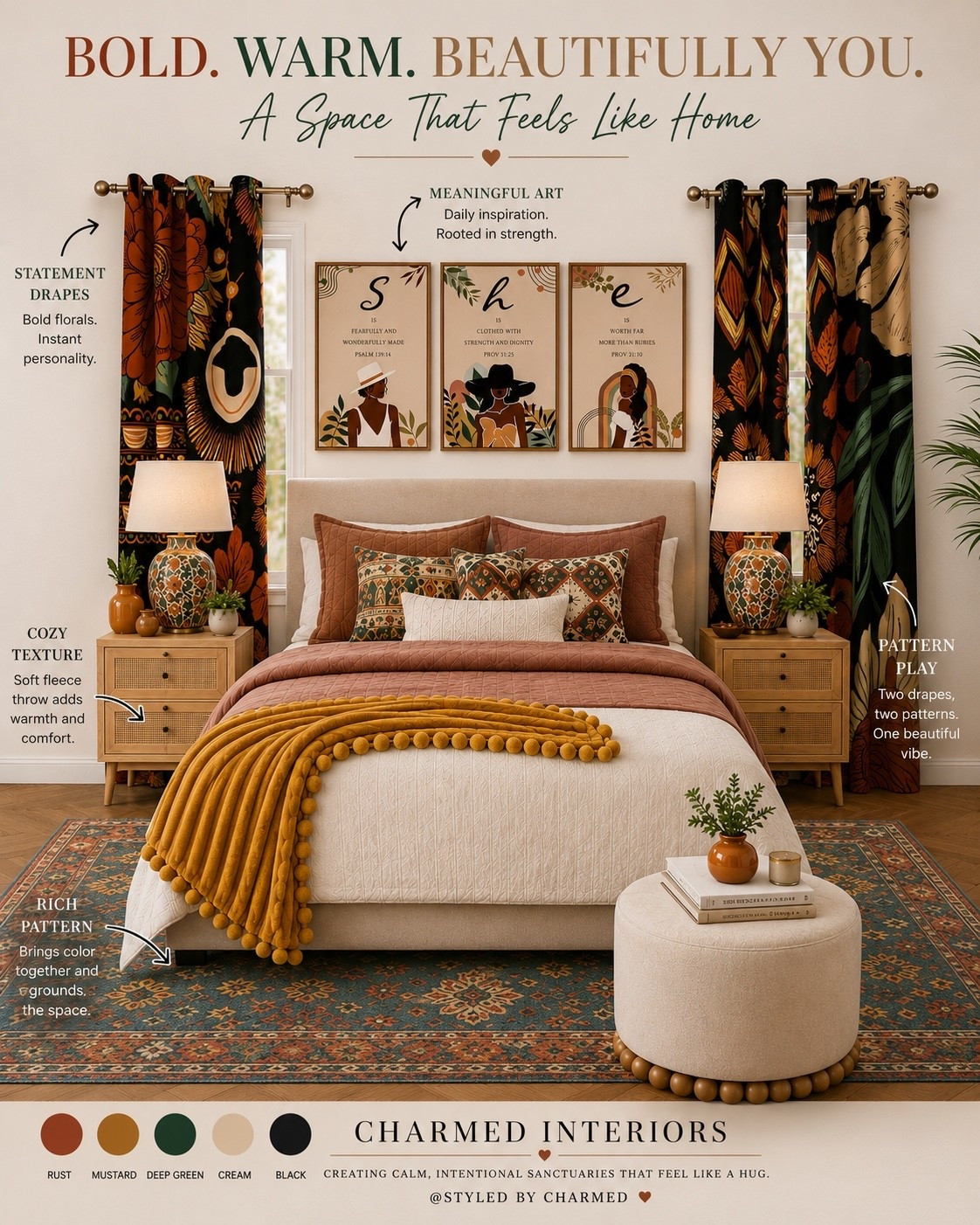 BOLD. WARM. BEAUTIFULLY YOU. 🤎

This is what happens when you stop being afraid of pattern and let the room have some personality.

The statement drapes set the palette, the artwork brings meaning, and those rust, mustard + deep green layers make the whole bedroom feel warm and collected. The cream keeps everything balanced so the bold pieces can shine without overwhelming the space.

A room can be colorful, expressive and still feel like home. ✨