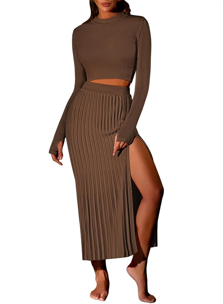 Pink Queen Women's 2 Piece Sweater Outfits Set Long Sleeve Crop Top Ribbed Split Bodycon Midi Lon... | Amazon (US)