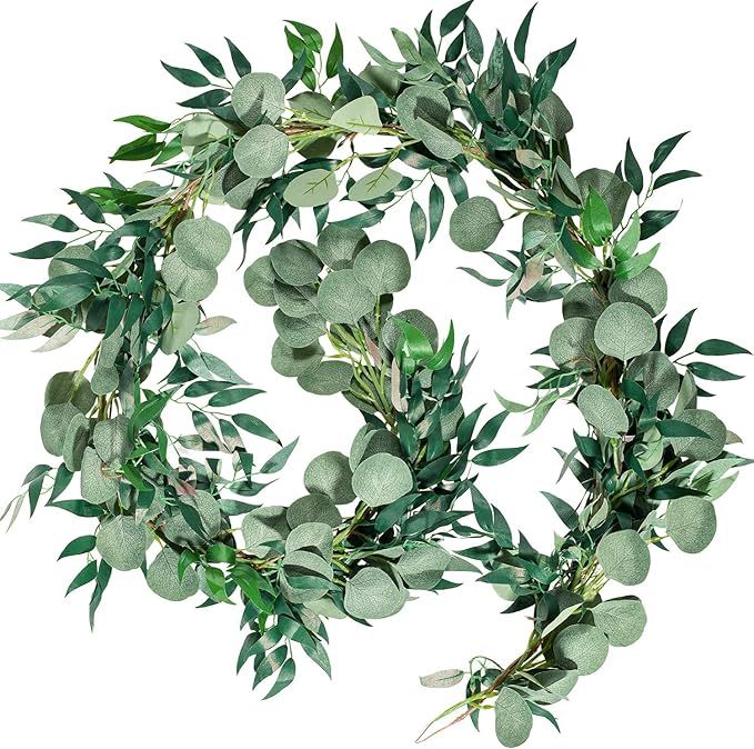 Whaline 6.5ft Artificial Eucalyptus and 5.6ft Willow Leaves Garland, Faux Silver Dollar Eucalyptu... | Amazon (UK)