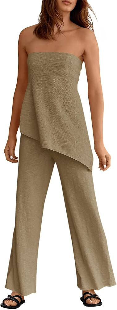 Tankaneo Womens 2 Piece Outfits Asymmetrical Tube Top Wide Leg Pants Knit Vacation Travel 2026 Ma... | Amazon (US)