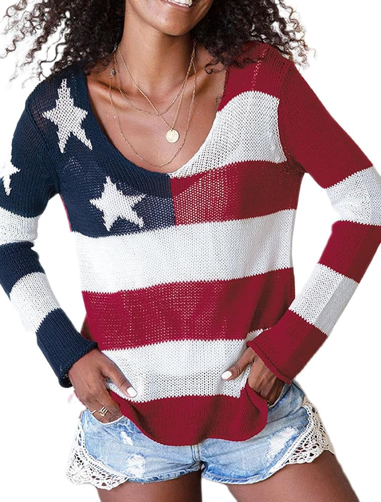 Women's American Flag Graphic Sweater Vintage Loose Hollow Out 4th of July Jumper Summer USA Flag... | Amazon (US)