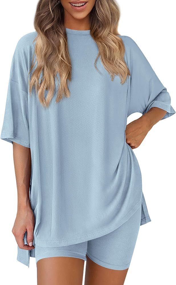 PRETTYGARDEN Women 2 Piece Lounge Set 2026 Summer Casual Oversized Shirts Biker Shorts Matching A... | Amazon (US)