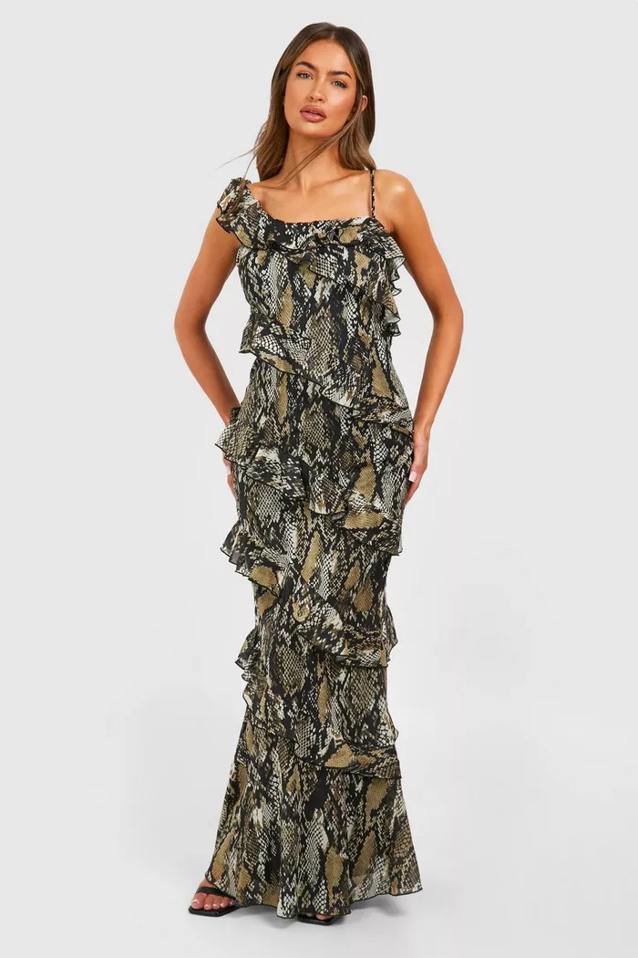 Snake Ruffle Chiffon Asymmetric Maxi Dress | boohoo (US & Canada)