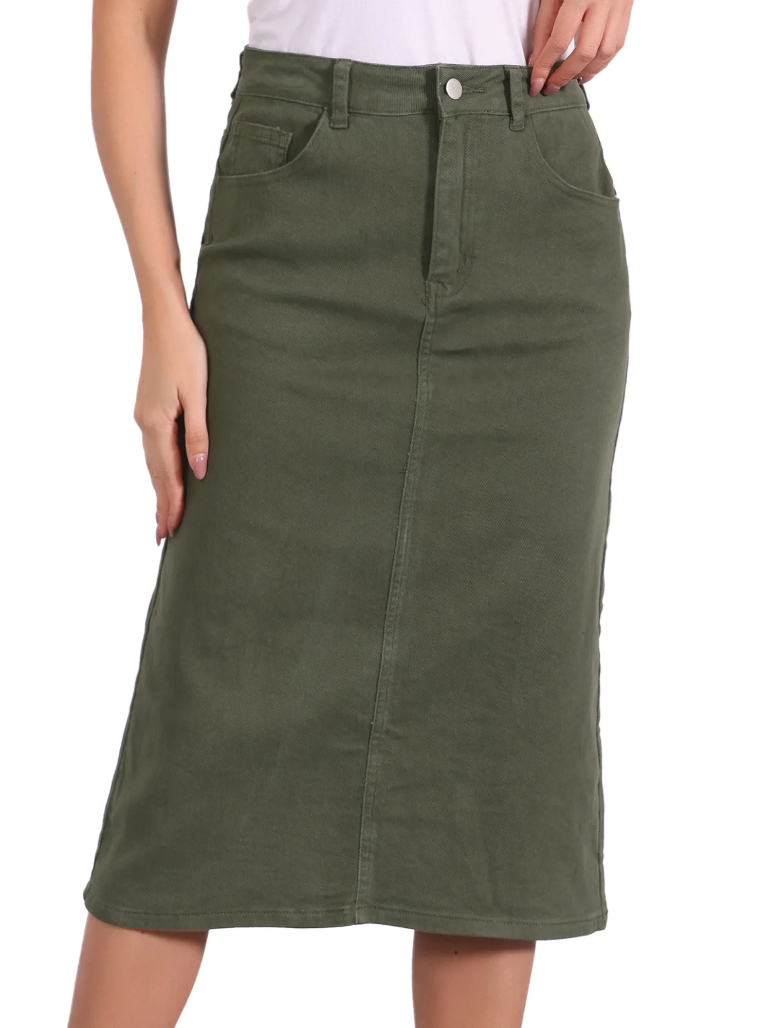 DARING DIVA Women's Denim Split Back Pockets Midi Jean Skirts L Army Green - Walmart.com | Walmart (US)