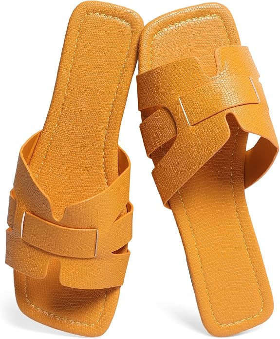 Women's Dressy Slip-On Flat Sandals, Elegant Textured Square-Toe Slides for Versatile Everyday Co... | Amazon (US)