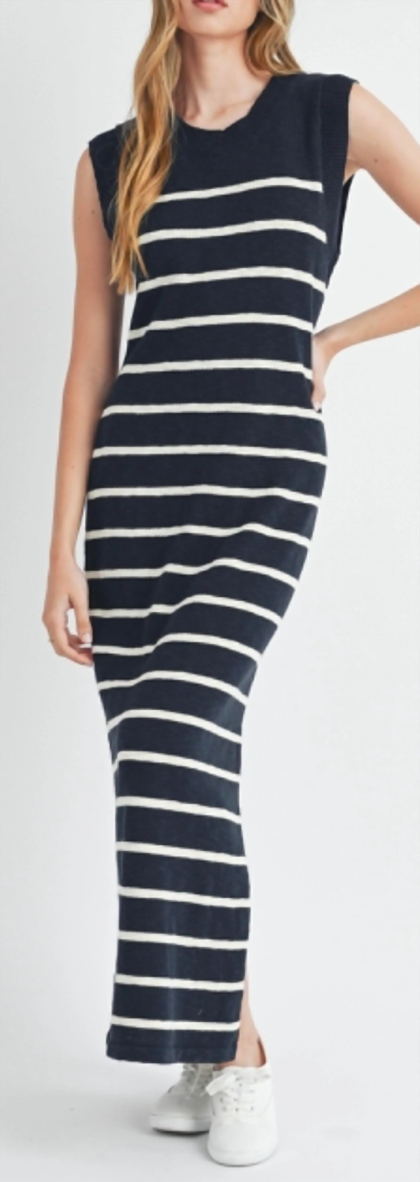 Striped Midi Dress In Navy | Shop Simon
