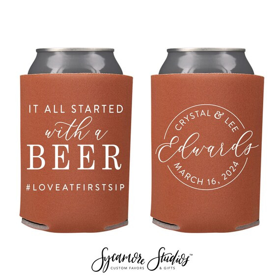 It All Started With A Beer  Wedding Can Cooler 209R  Custom - Etsy | Etsy (US)