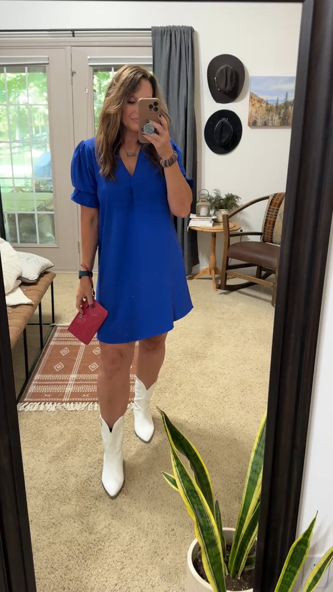 Shift dress for a fundraiser event. 
Short sleeves with ruffle hem. V neck. I’m 5’7” and it hits just above the knee. Very comfortable. Lots of color options to choose from! 
Also available in long sleeves. 

Whimsical Dresses | snappy casual dress | v neck dress | royal blue dress | white cowboy boots | coach wristlet | turquoise jewelry | turquoise earrings | turquoise necklace 

#LTKParties #LTKWorkwear #LTKMidsize