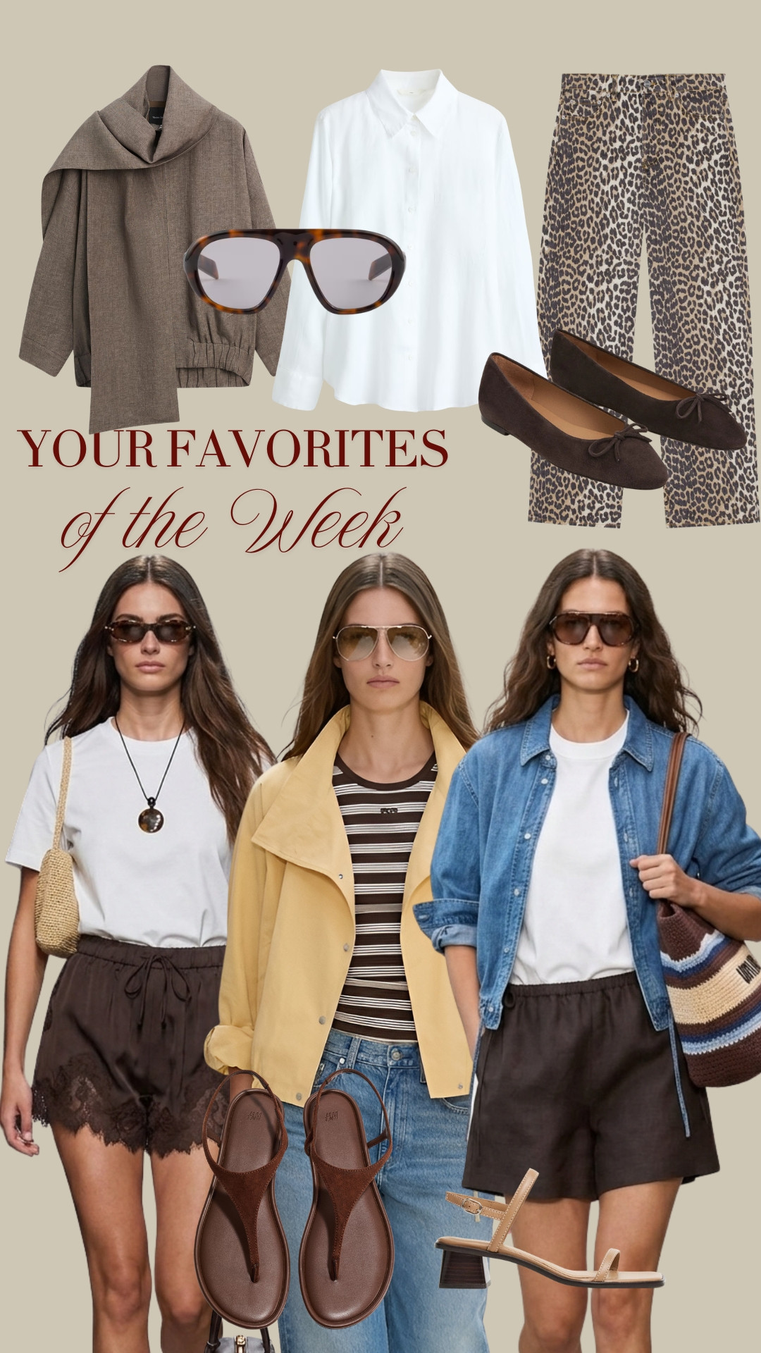 BESTSELLERS OF THE WEEK ✨ Your most loved spring pieces of the week ✨ TAGS: denim jacket, denim shirt, brown leather ballet flats, brown aviator sunglasses,  leopard print jeans, brown sandals, linen brown shorts, lace and satin shorts, white linen shirt, butter yellow jacket, scarf taupe jacket Massimo Dutti

 

 #LTKspring #LTKsummer #LTKshoes