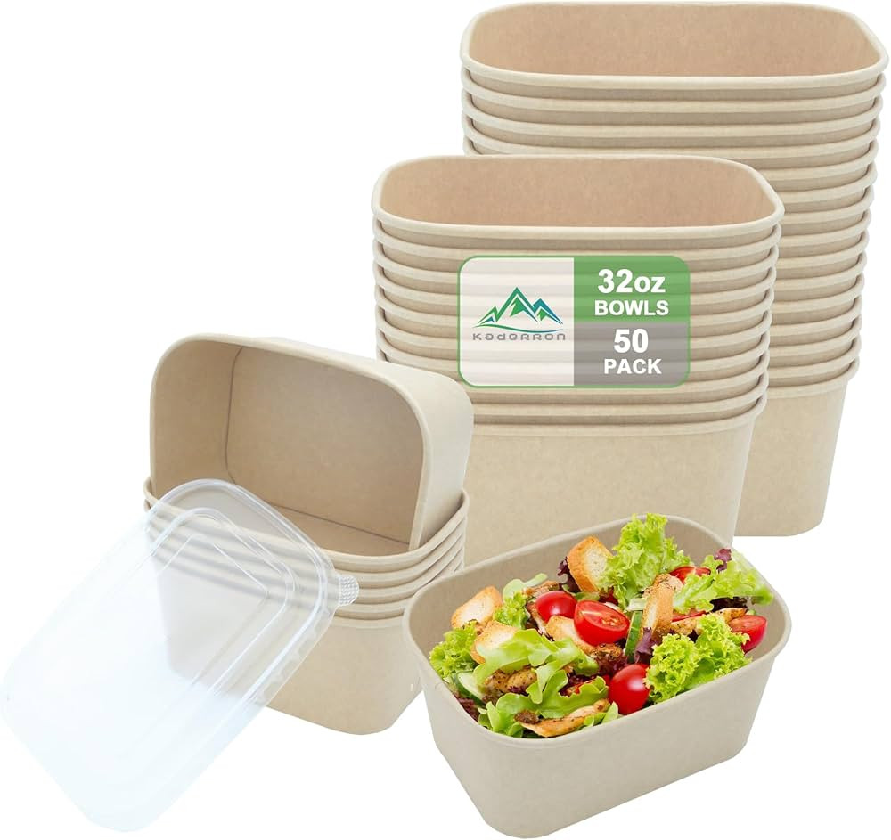50 Pack 32 OZ Large Paper Bowls with Lids, Heavy Duty Disposable Compostable Container for Party,... | Amazon (US)