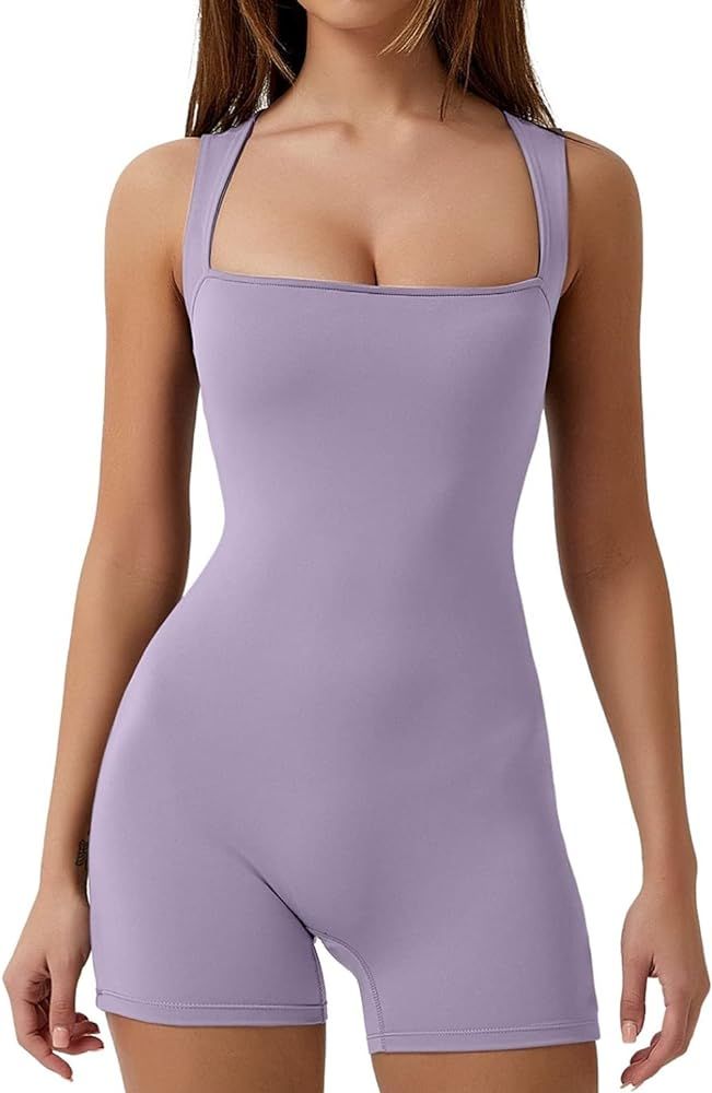 QINSEN Womens Strappy Square Neck Tank Top Tummy Control Bodycon Stretch Shorts Jumpsuit Outfits | Amazon (US)