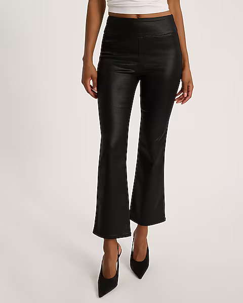 High Waisted Black Coated Pull-on Cropped Flare Jeans | Express