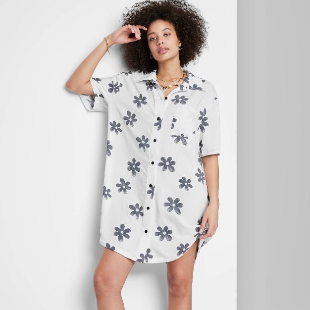 Women's Ascot + Hart Short Sleeve Button-Down Graphic Shirtdress - White Floral | Target