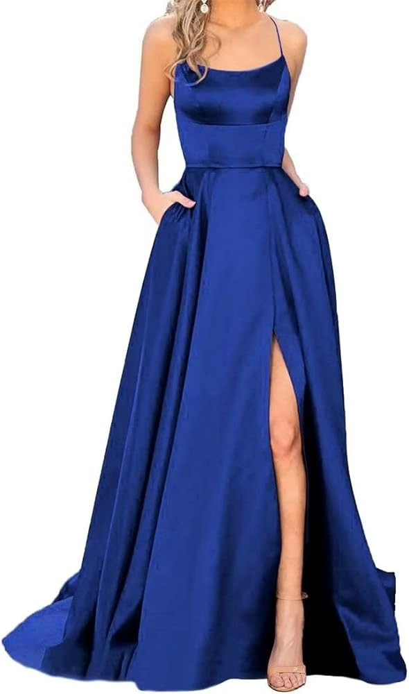 JASY Women's Spaghetti Satin Long Side Slit Prom Dresses with Pockets | Amazon (US)