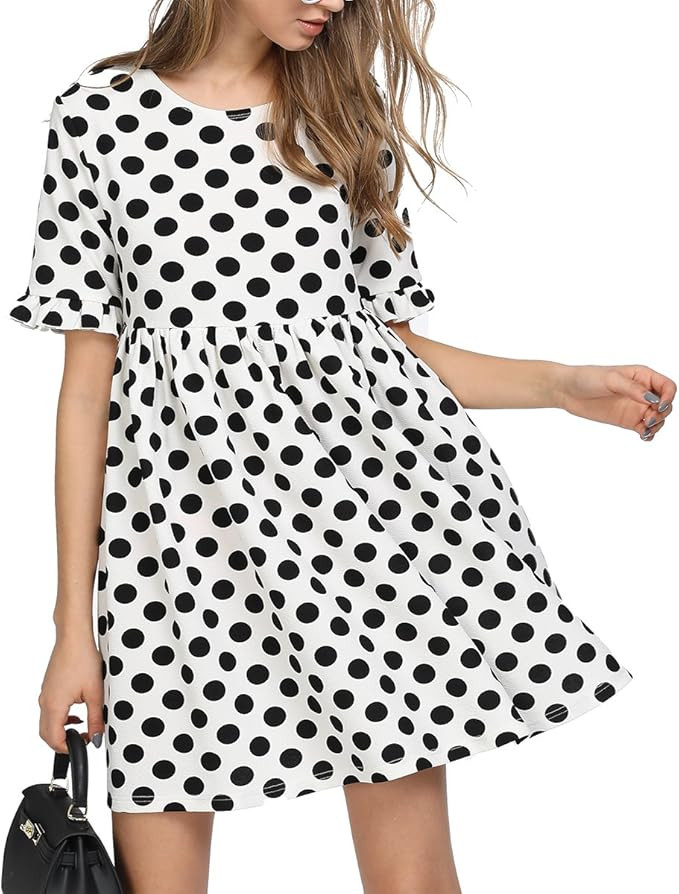 ROMWE Women's Comfy Short Sleeve Smock Loose Tunic Flare Swing Party Dress | Amazon (US)