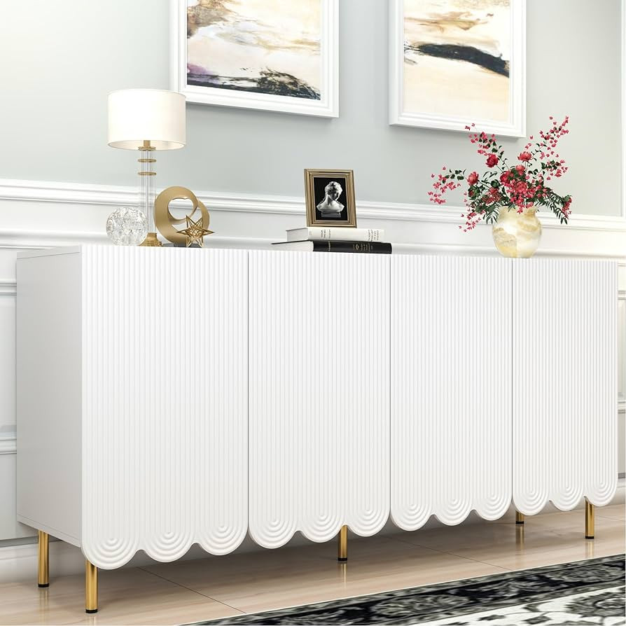 63'' Sideboard Buffet Cabinet, White Fluted Credenza Storage Cabinet with 4 Doors, Cream Style Co... | Amazon (US)
