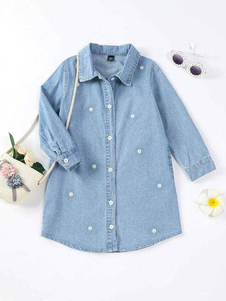 Young Girl Casual, Vacation Style, Daisy Embroidered, Loose Fit, Comfortable Denim Shirt Dress | SHEIN