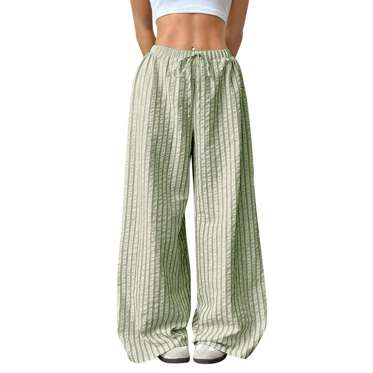PFRNLF Stripe Wide Leg Pants for Women No Boundaries Summer Drawstring Casual Trousers Striped Ca... | Walmart (US)