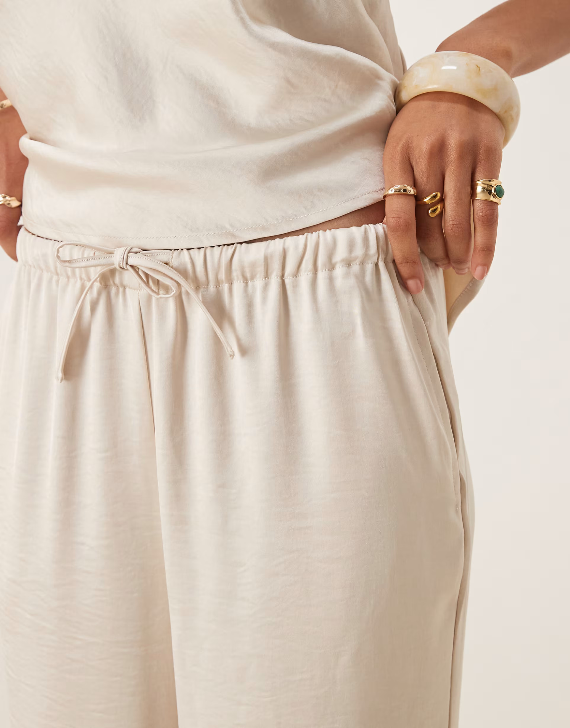 Six Stories tie waist wide leg satin trouser co-ord in oyster | ASOS (Global)