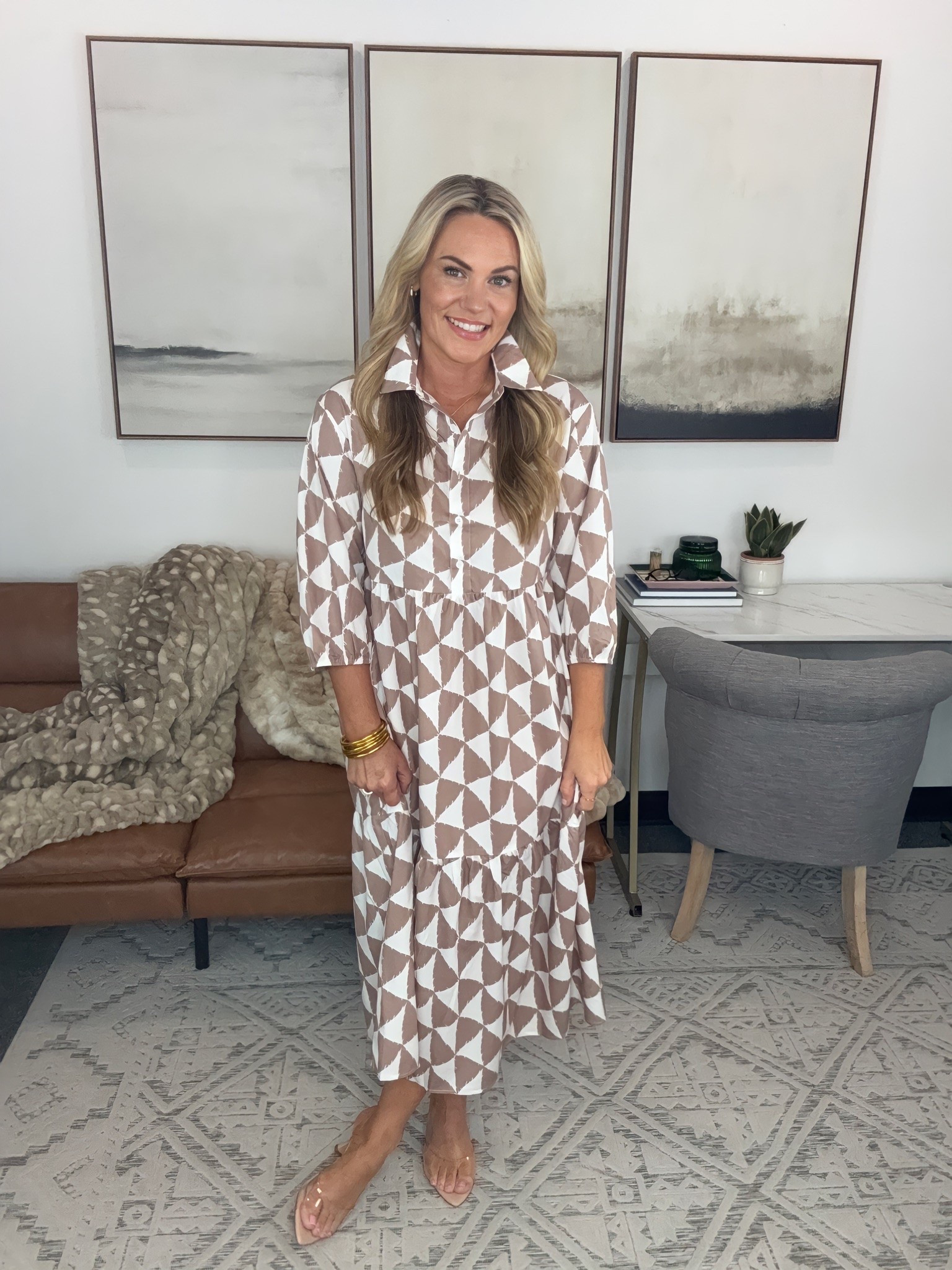This is the kind of dress that makes getting ready for a full day of meetings so much easier. The graphic neutral print stands out, while the relaxed midi silhouette keeps it comfortable enough to go from your desk to dinner plans.

neutral print dress, work dress, business casual outfit, midi dress, office outfit, fall workwear, collared midi dress, desk to dinner outfit, professional style, fall dress, AudrieDollins

#LTKSeasonal #LTKOver40 #LTKootd