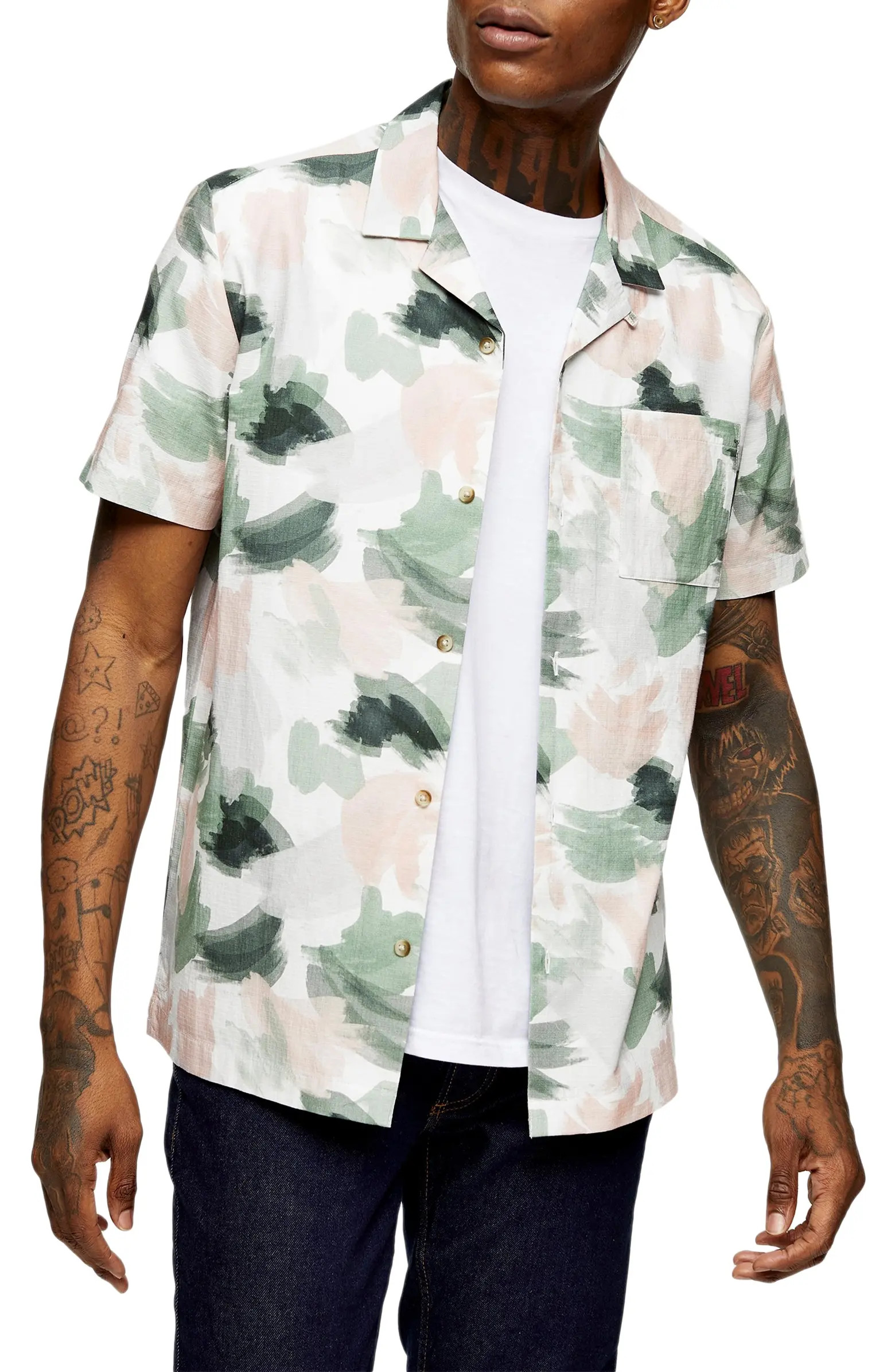 Brush Print Short Sleeve Ripstop Button-Up Camp Shirt | Nordstrom