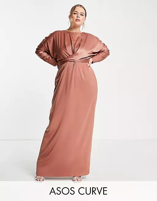 ASOS DESIGN Curve satin maxi dress with batwing sleeve and wrap waist in mink | ASOS (Global)