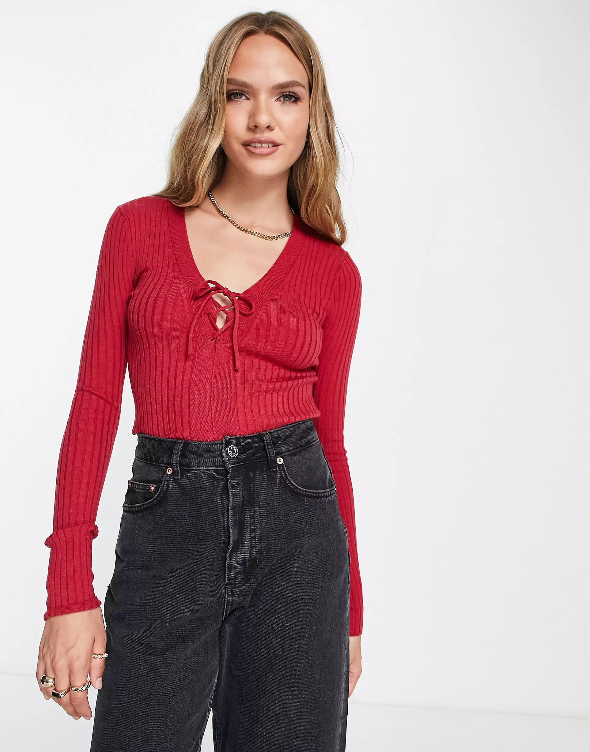 ASOS DESIGN sweater with lace up detail in red | ASOS (Global)