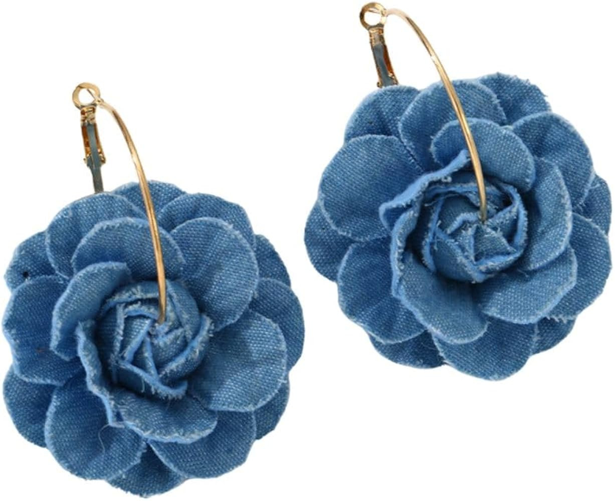 Big Denim Camellia Flower Statement Hoop Earrings for Women Blue Blossom Golden Plated Large Hugg... | Amazon (US)