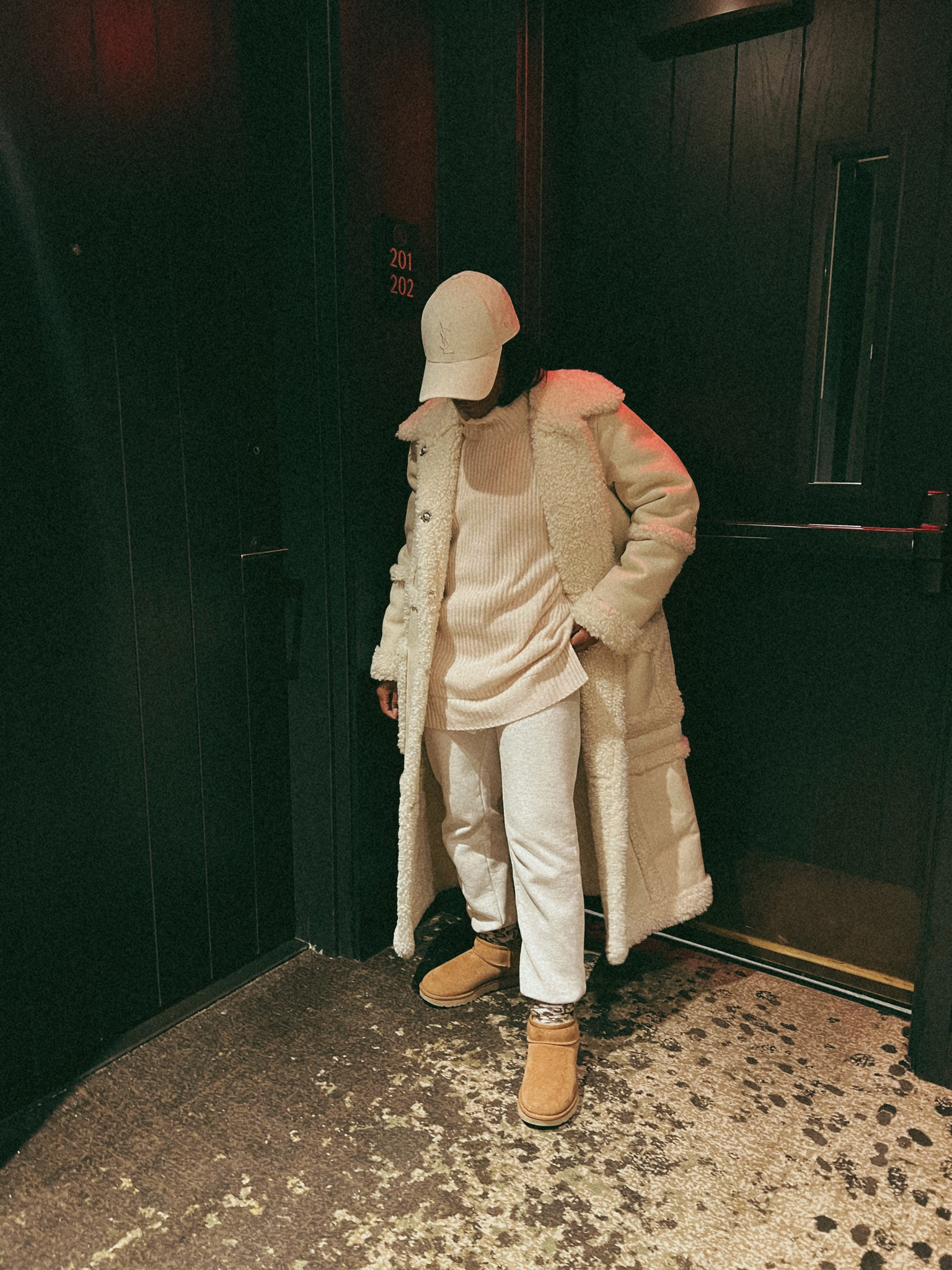 Faux shearling coat, sleeveless turtleneck, leopard print socks, jogger sweatpants, cream dad cap, mini ugg boots, leopard print fuzzy socks 

#LTKFind #LTKstyletip #LTKshoecrush