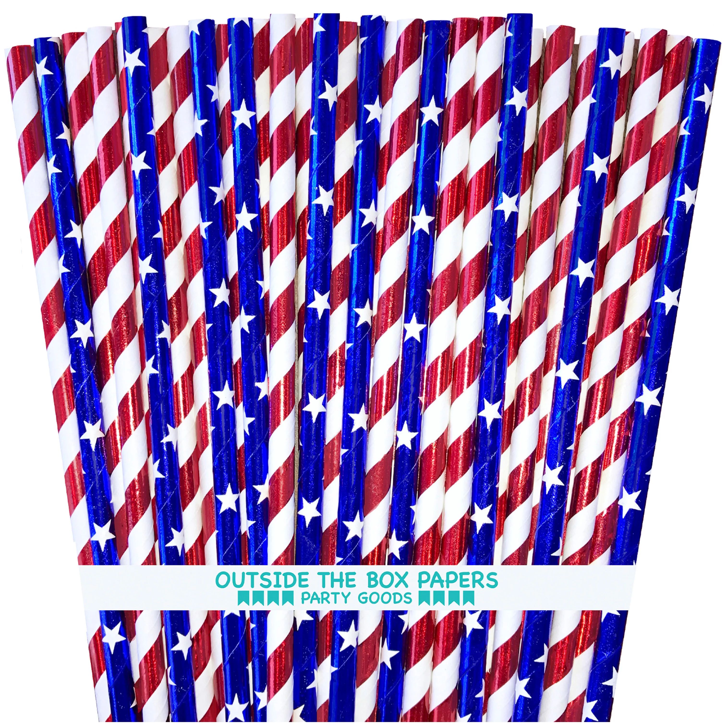 100 Red White and Blue Stars and Stripes Foil Paper Straws | Walmart (US)